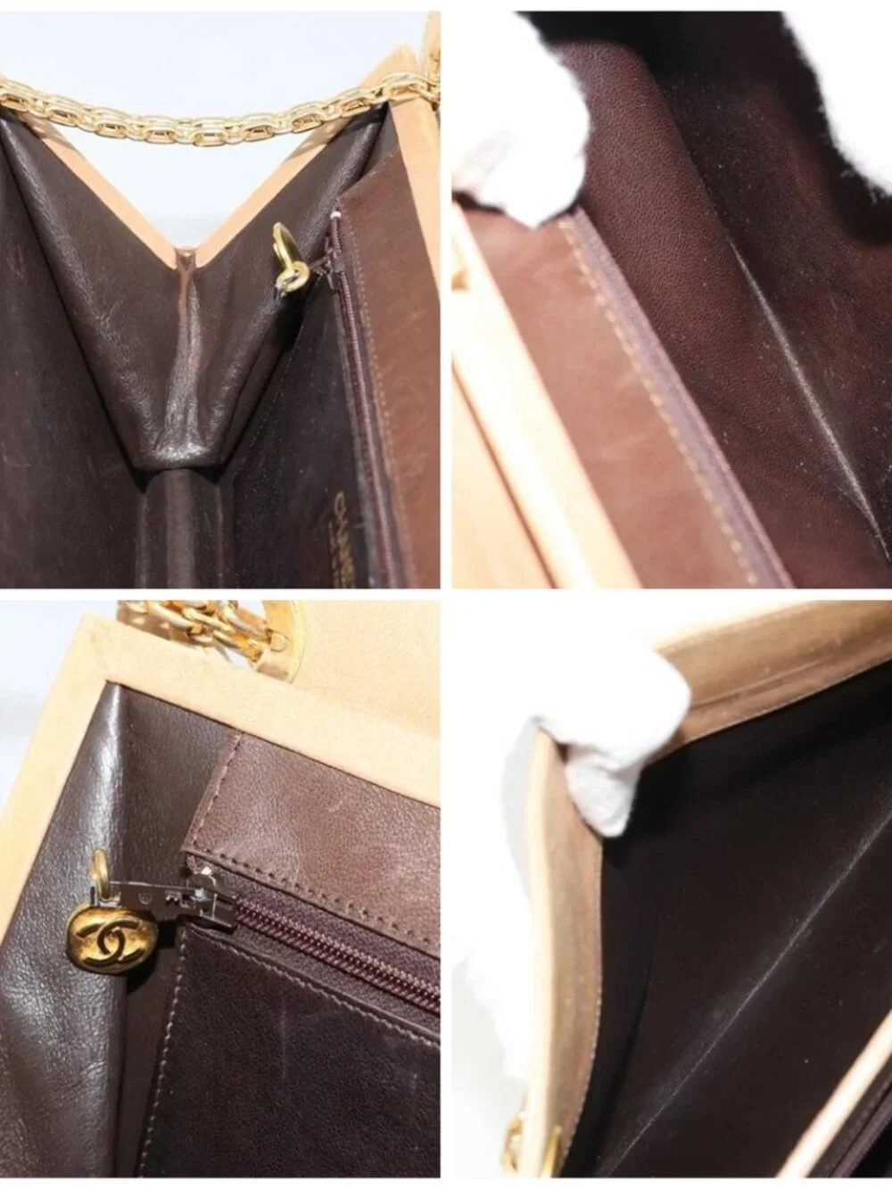 CHANEL Matelasse Chain Shoulder Bag Lamb Skin Beige Gold CC Auth 176218